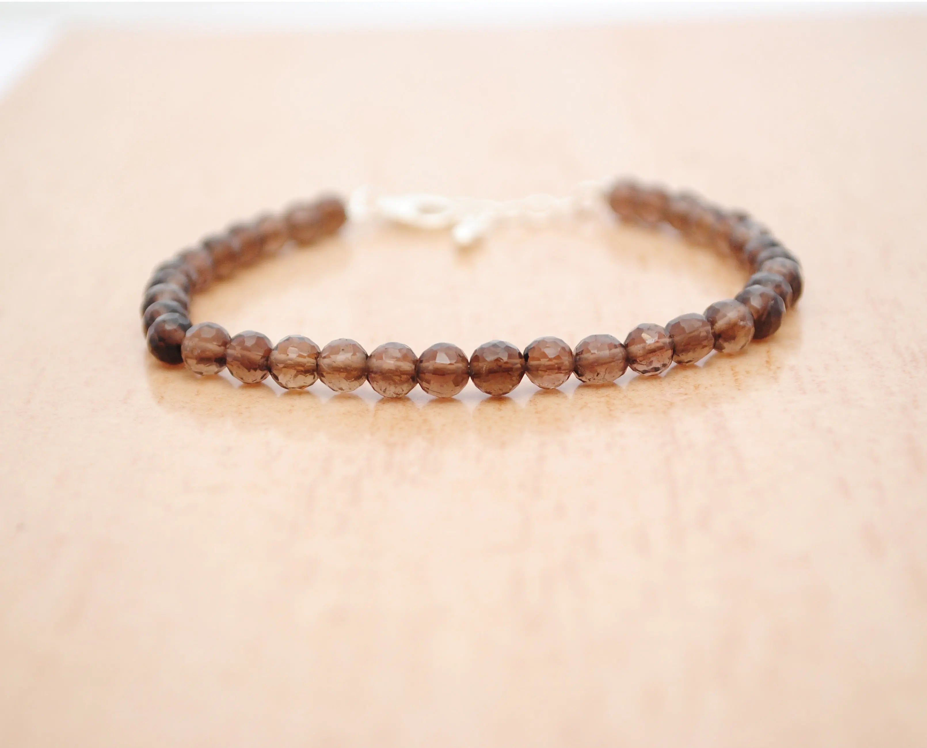 Smoky Quartz Gemstone Beaded Silver Bracelet June Birthstone Jewelry For Grounding And Reduces Anxiety 