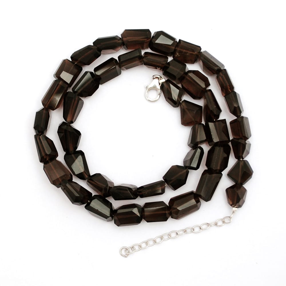 Smoky Quartz Gemstone Beaded Silver Necklace June Birthstone Jewelry For Stress Relief And Reduces Anxiety 