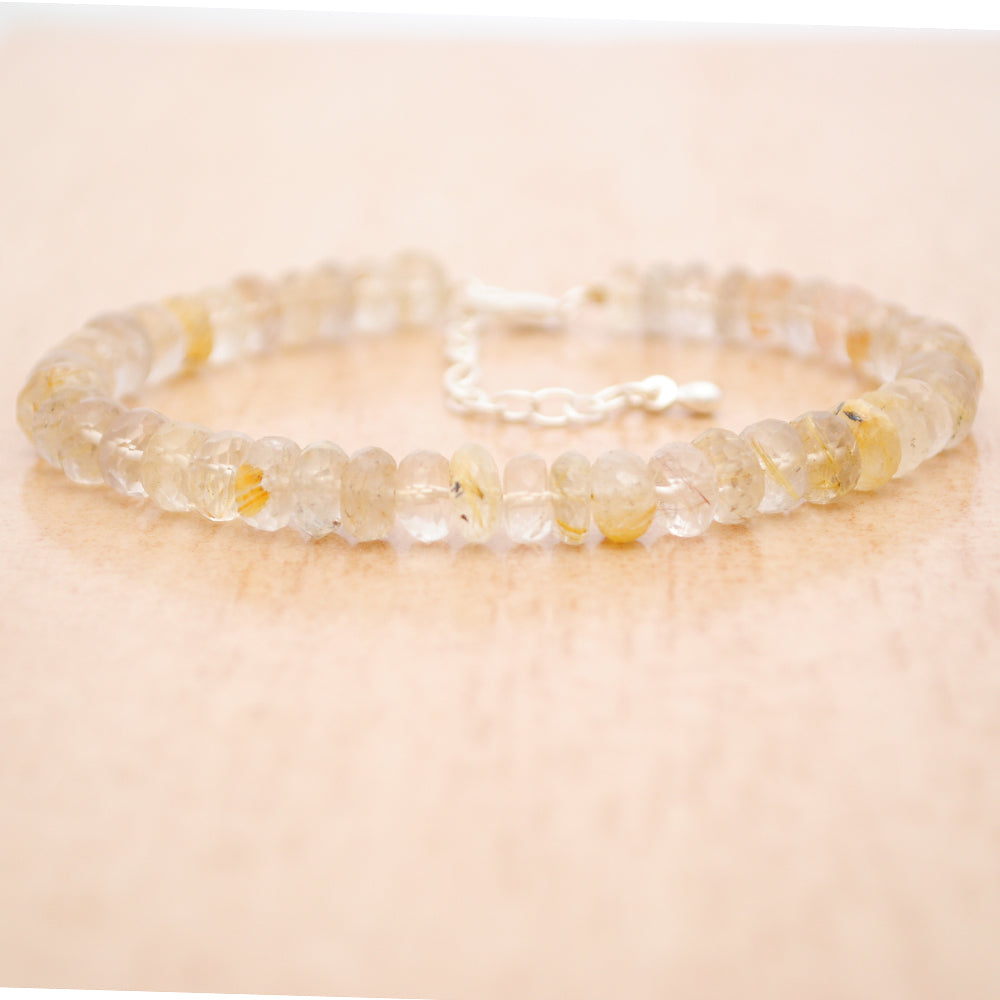 Golden Rutile Gemstone Beaded Silver Bracelet April Birthstone Jewelry For Promotes Positive Energy And Reduces Stress 
