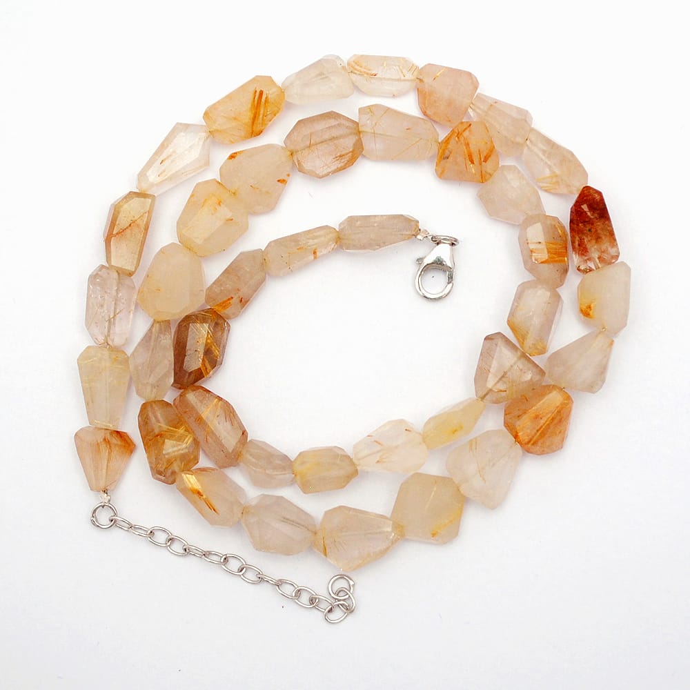 Golden Rutile Gemstone Beaded Silver Necklace April Birthstone Jewelry For Boosts Energy And Reduces Stress 