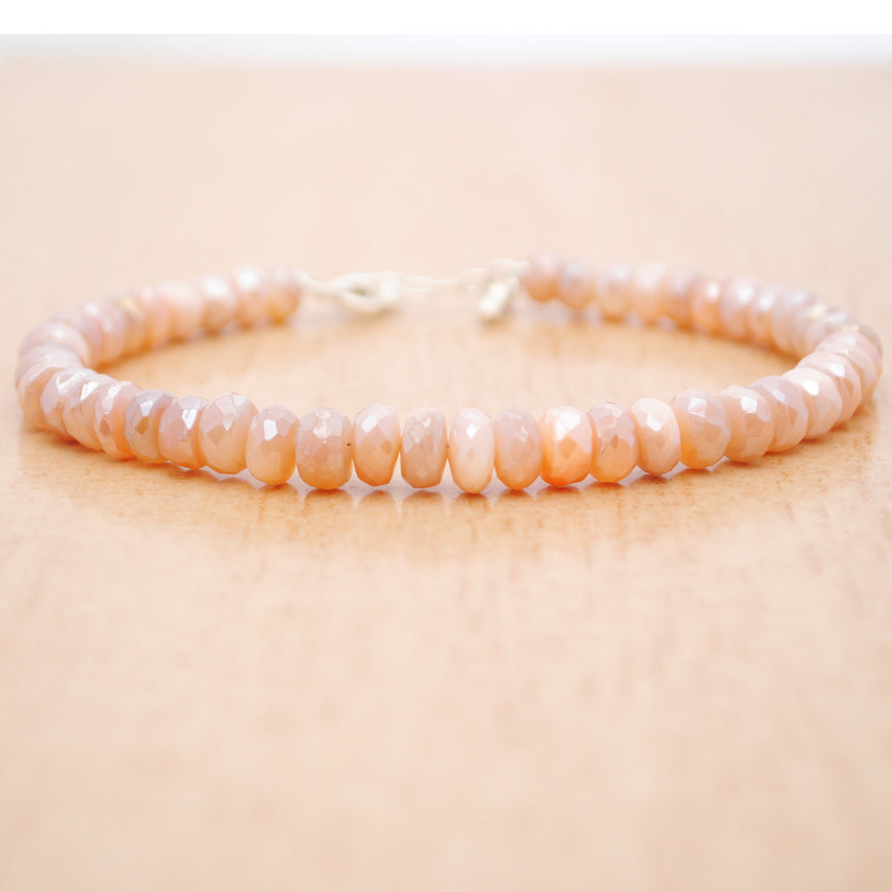 Peach Moonstone Beaded Silver Bracelet June Birthstone Jewelry For Intuition And Love 