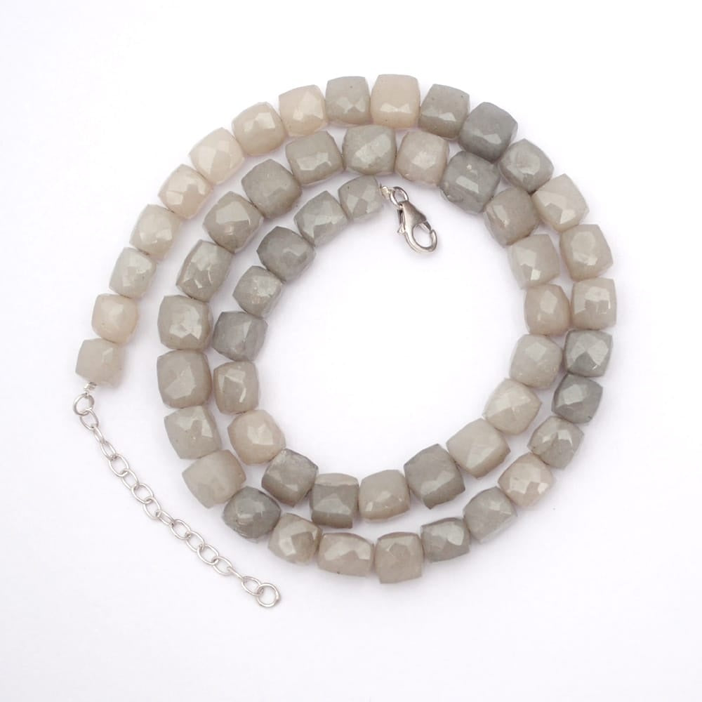 Grey Moonstone Gemstone Beaded Silver Necklace June Birthstone Jewelry For Emotional Balance And Calming 