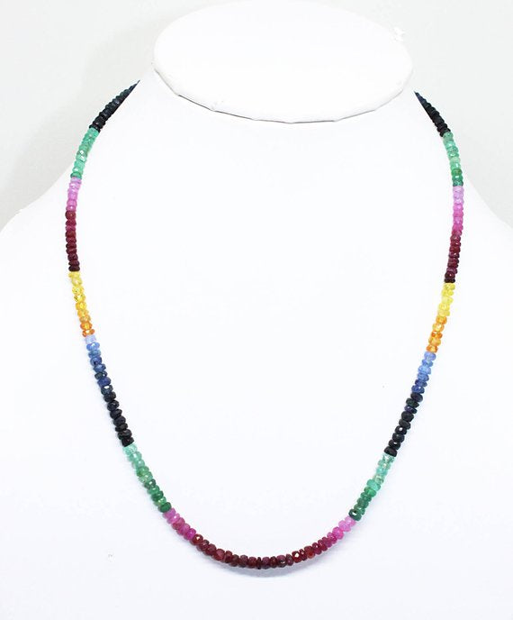 Emerald, Ruby , Shappire Gemstone Beaded Silver Necklace Jewelry For Growth And Improved Vision 