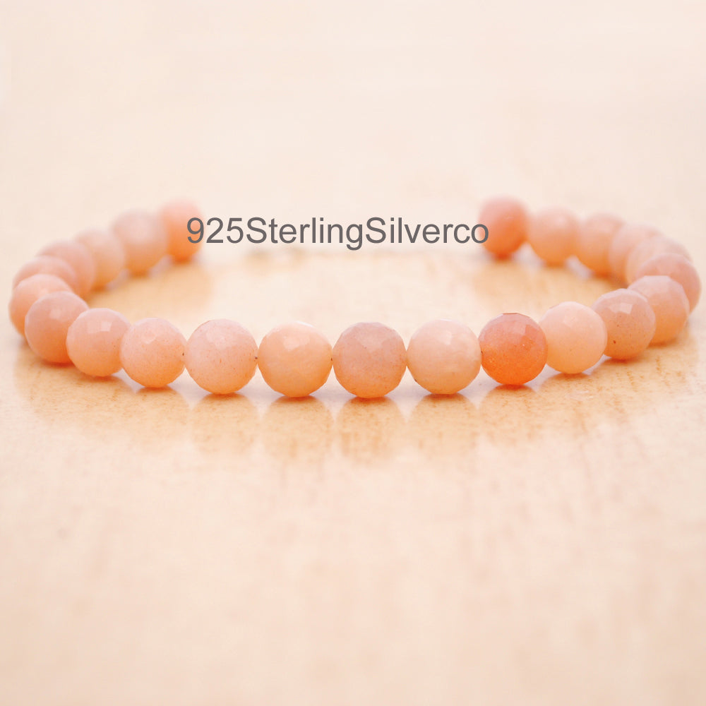 Peach Moonstone Beaded Silver Bracelet June Birthstone Jewelry For Emotional Balance And Creativity 