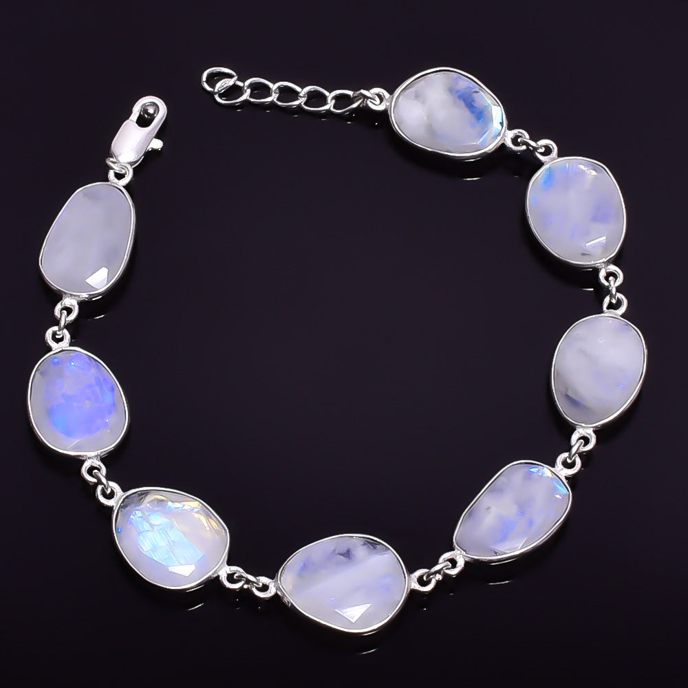 Natural White Rainbow Moonstone Chain Fine Gemstone Bracelet 