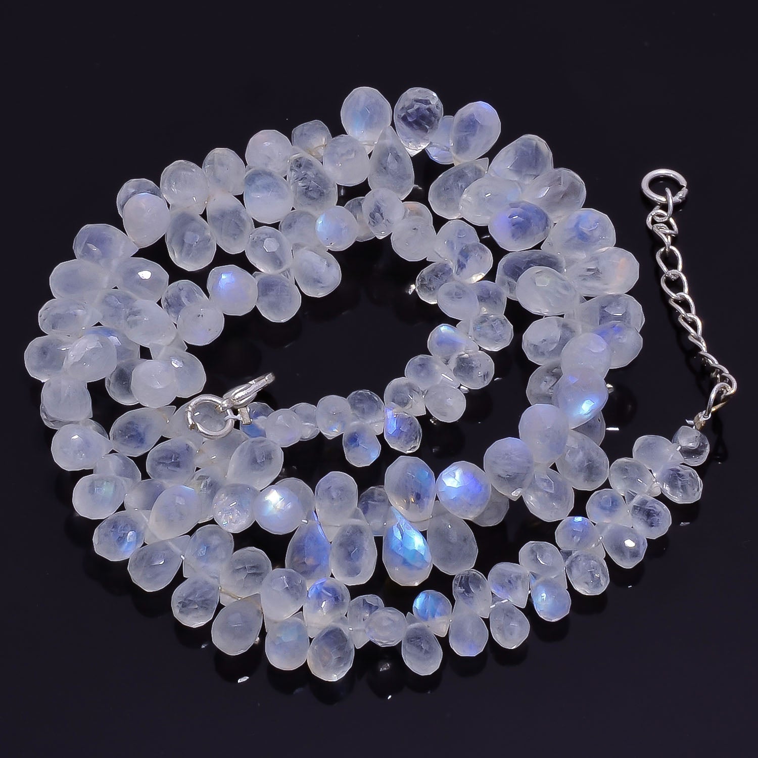 Natural White  Rainbow Moonstone Beaded Fine Gemstone Necklace 